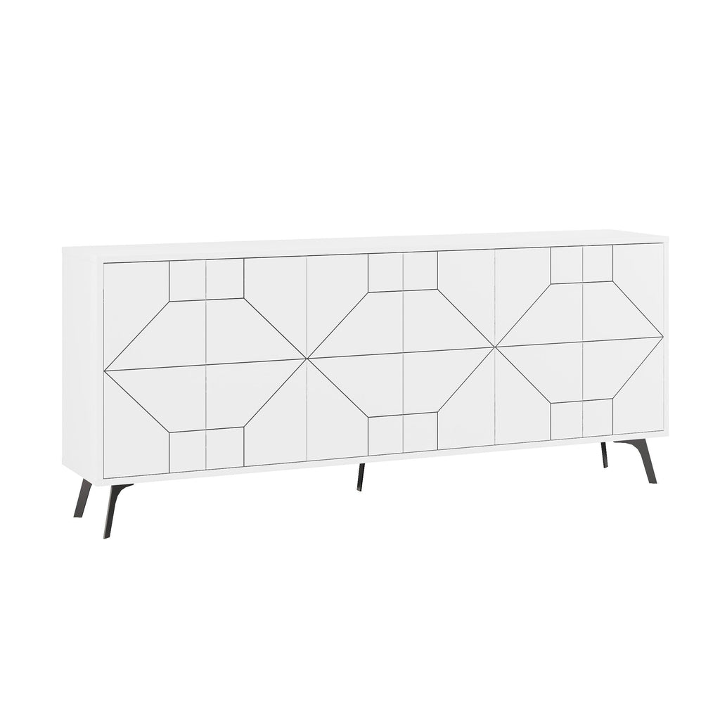 White console sideboard featuring geometric door panels and angled black legs