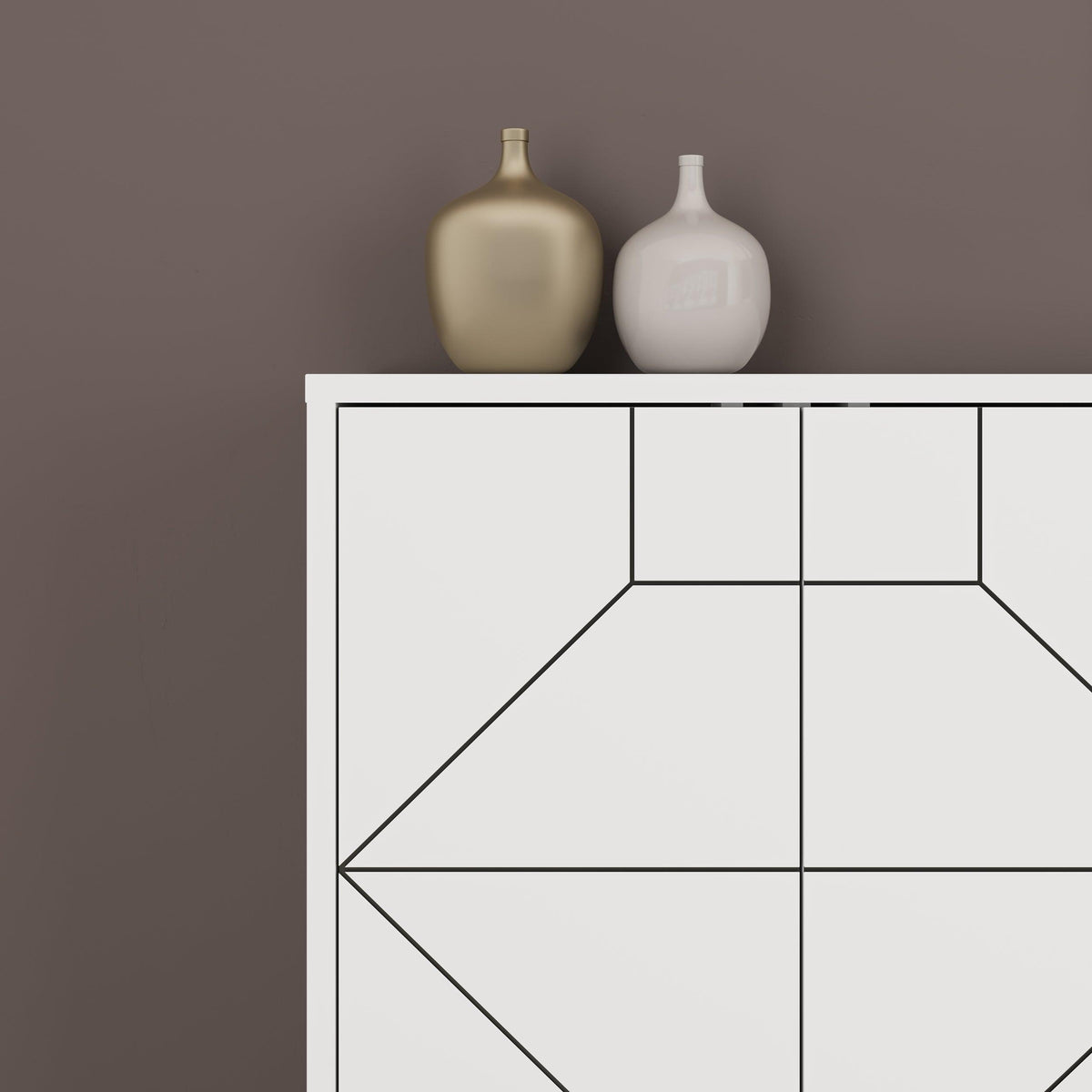 White sideboard with geometric panel doors and open storage, close-up detail