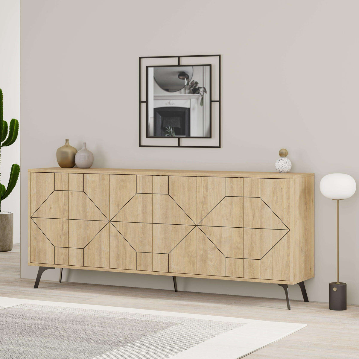 Console sideboard with geometric front panels, light oak finish, tapered metal legs.