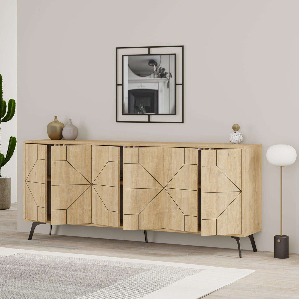 Natural oak console sideboard with geometric cabinet panels, shelves, and dark legs