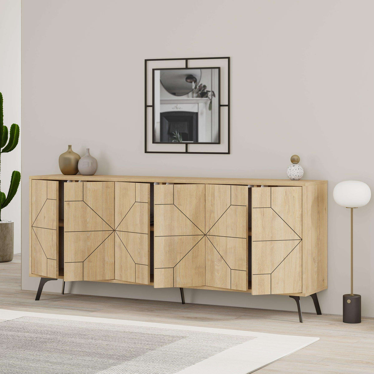 Natural oak console sideboard with geometric cabinet panels, shelves, and dark legs