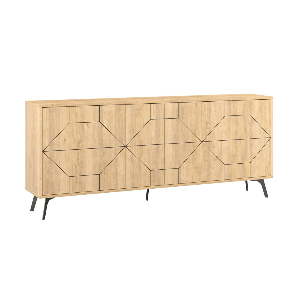 Light oak console sideboard with geometric patterned doors and open shelving compartments