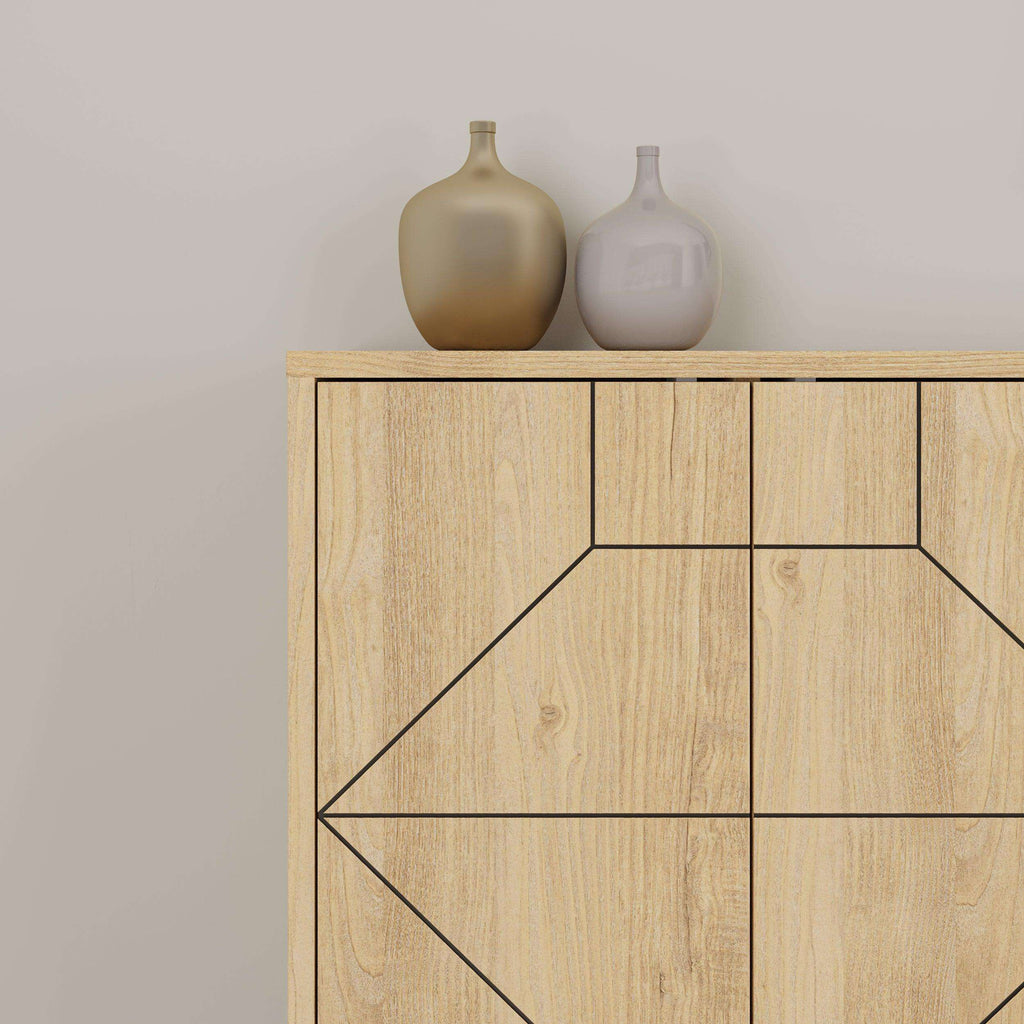 Light oak sideboard with geometric panel design and open storage section, close-up