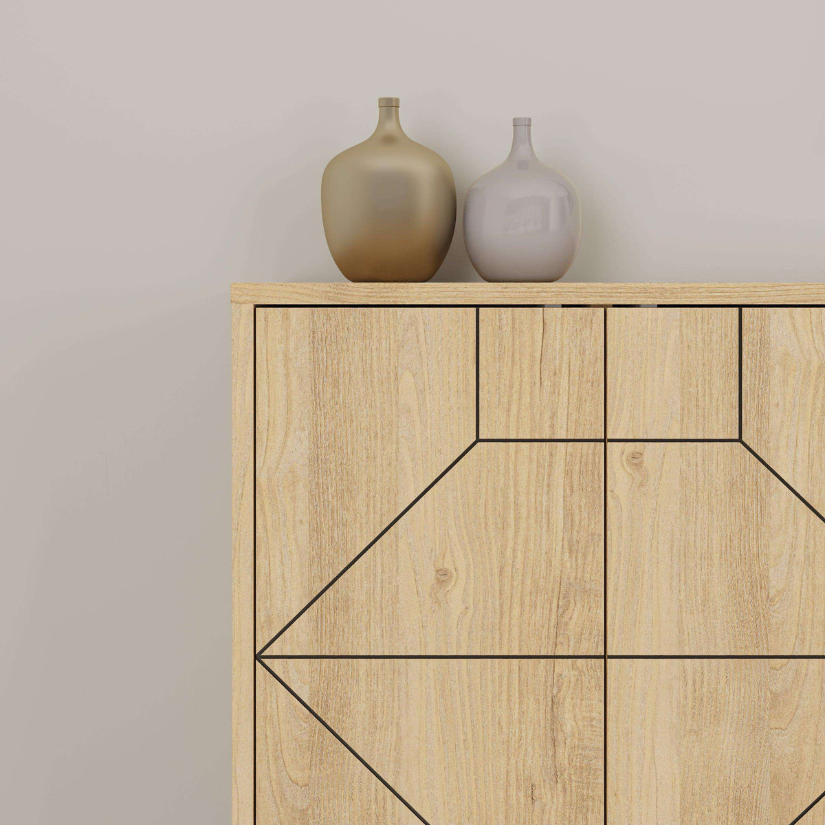 Light oak sideboard with geometric panel design and open storage section, close-up