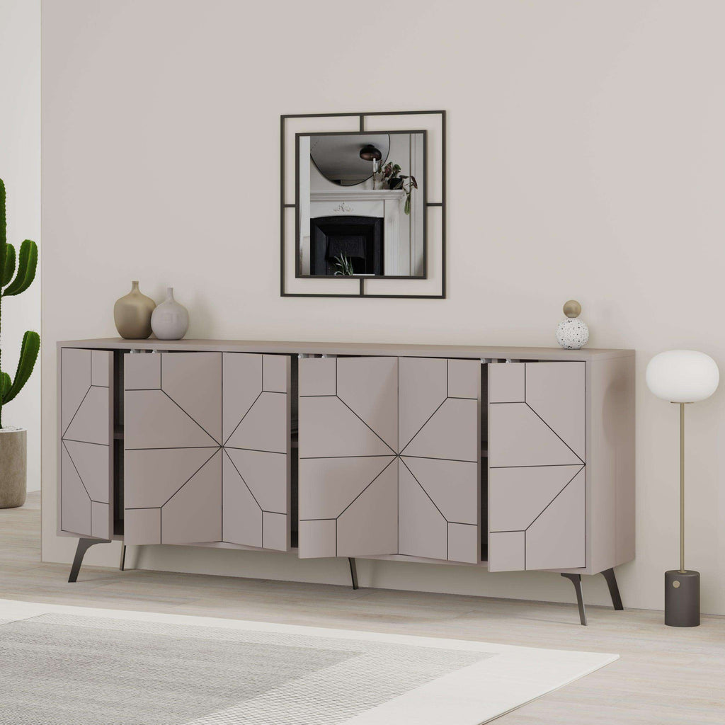 Anthracite console sideboard with geometric doors, open shelves, and dark legs