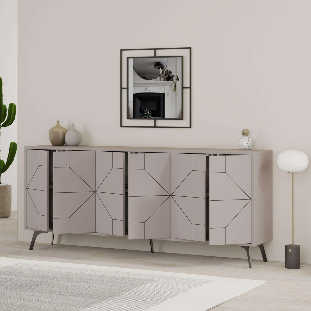 Anthracite console sideboard with geometric doors, open shelves, and dark legs