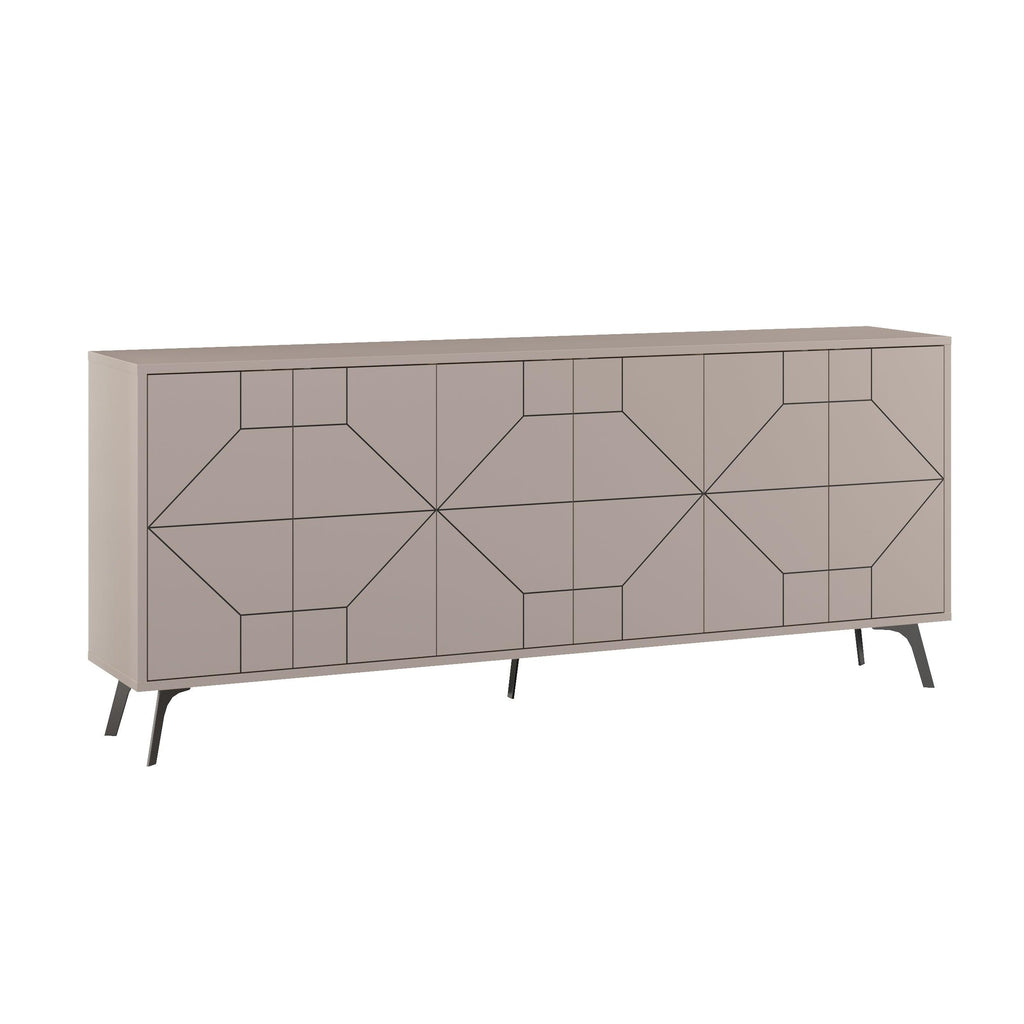 Taupe/gray geometric console sideboard with cabinet doors and tapered black legs