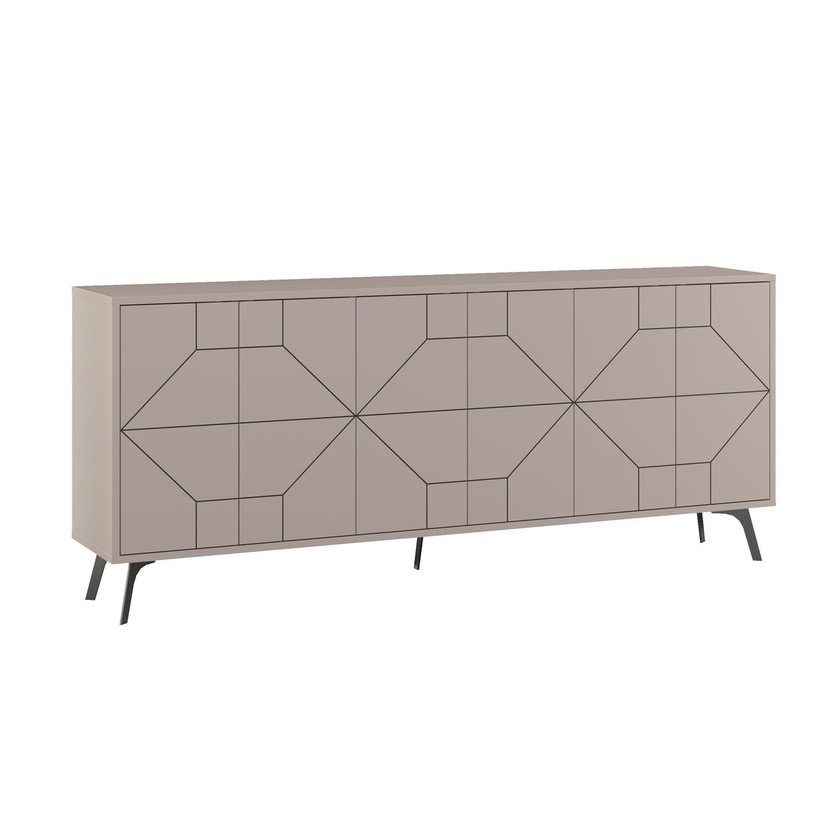 Taupe/gray geometric console sideboard with cabinet doors and tapered black legs