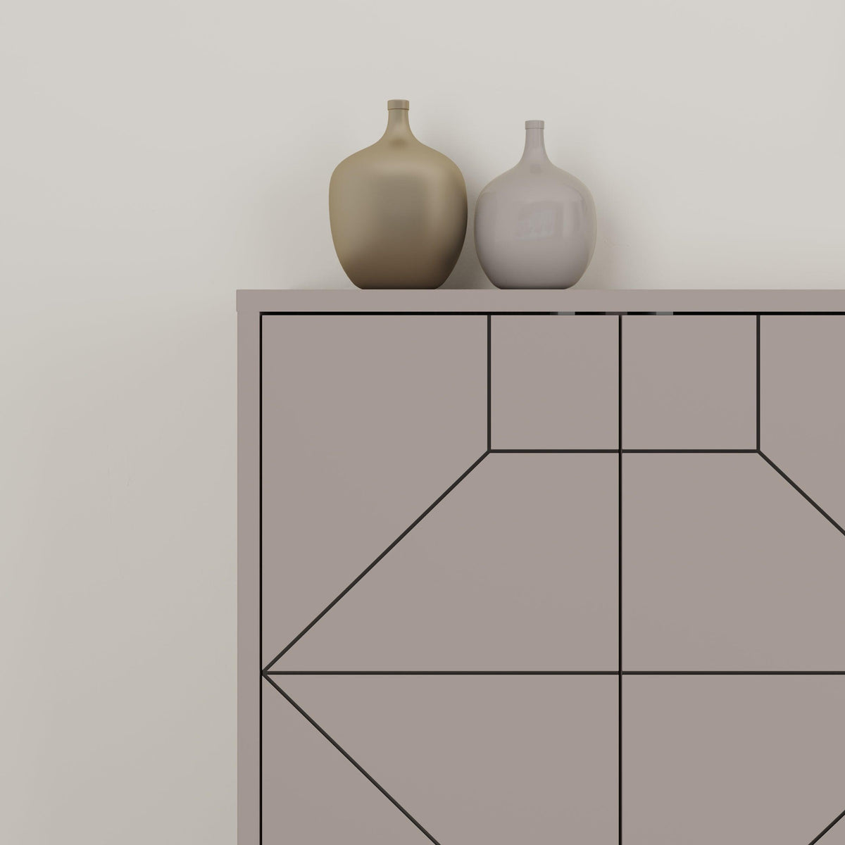 Taupe console sideboard with geometric panel doors and open shelving compartments