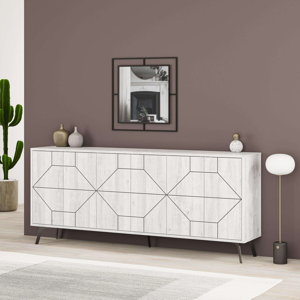 Console sideboard with geometric front panels, white marble-effect finish, tapered metal legs.