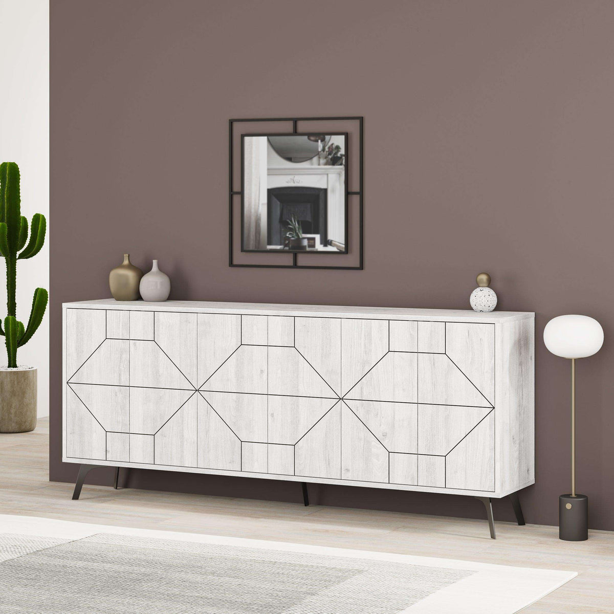 Console sideboard with geometric front panels, white marble-effect finish, tapered metal legs.