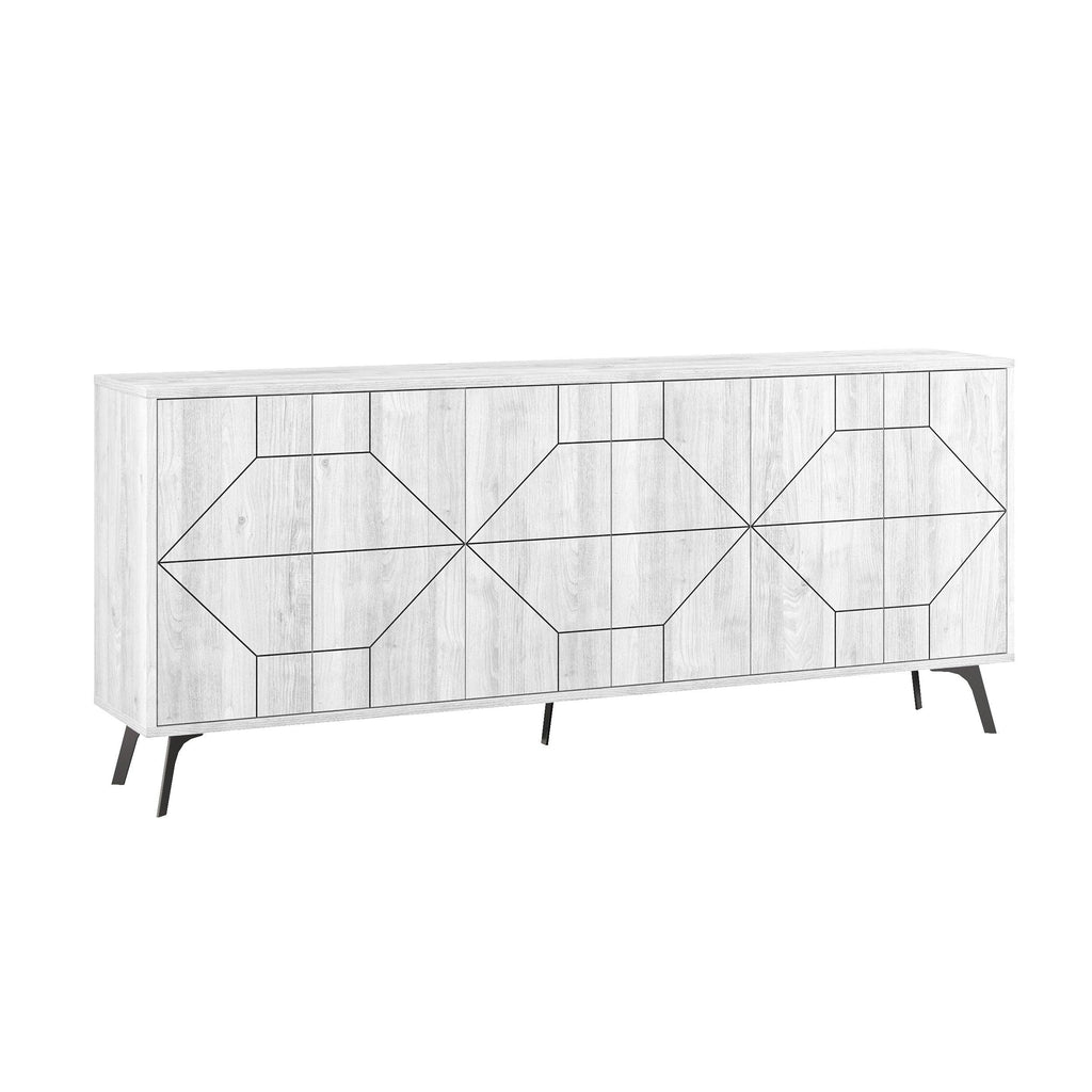 White geometric sideboard console with four-panel doors and angled wooden legs