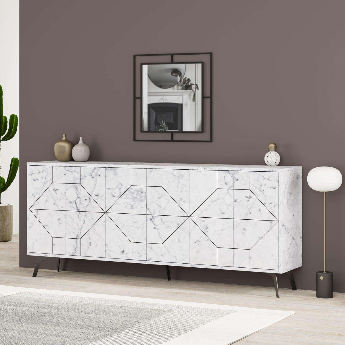 White marble-look console sideboard with geometric front and cabinet doors