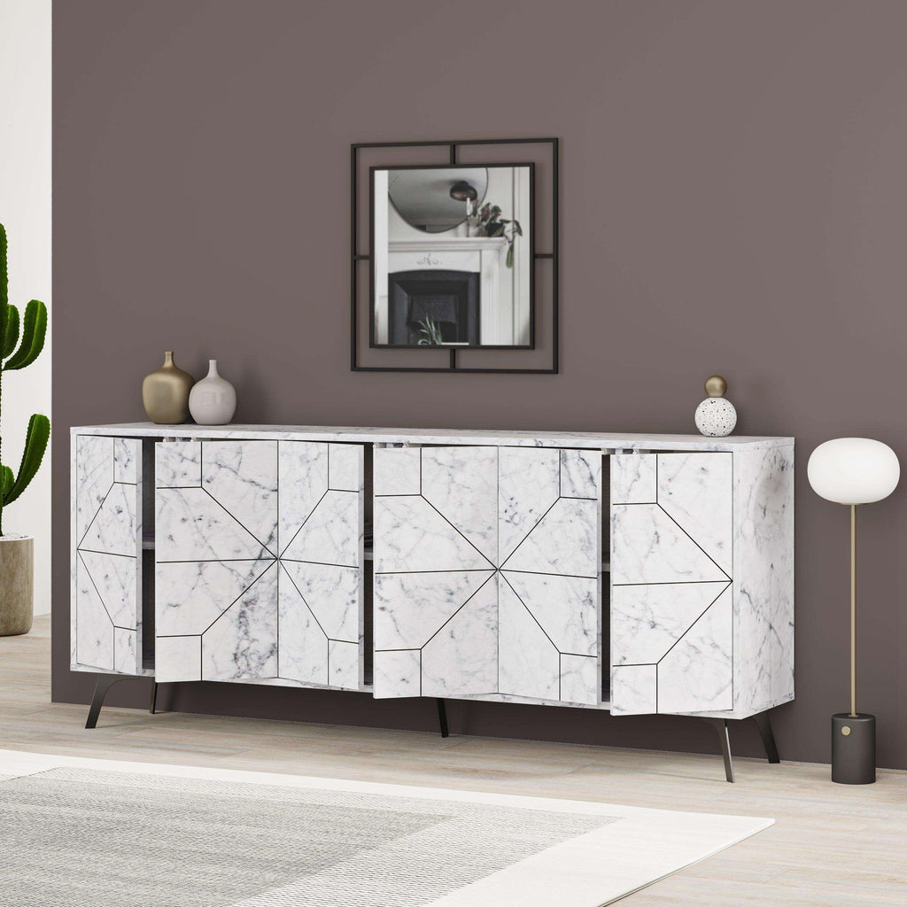 White marble-look console sideboard with geometric panel doors and legs