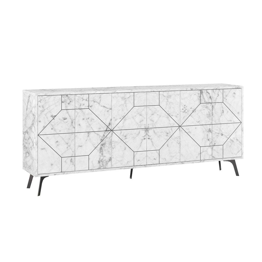 White marble-look sideboard with geometric panel front and four legs
