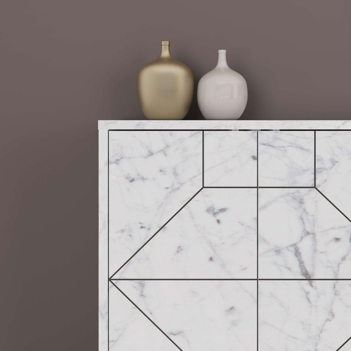 Marble-effect console sideboard with geometric panel doors and open display sections
