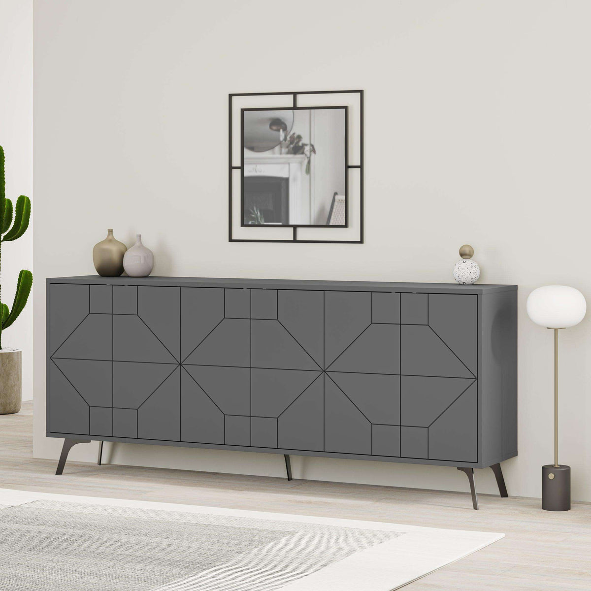 Anthracite console sideboard with geometric paneling and cabinet doors