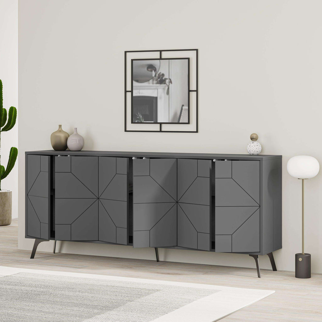 Anthracite console sideboard with geometric front and cabinet door panels