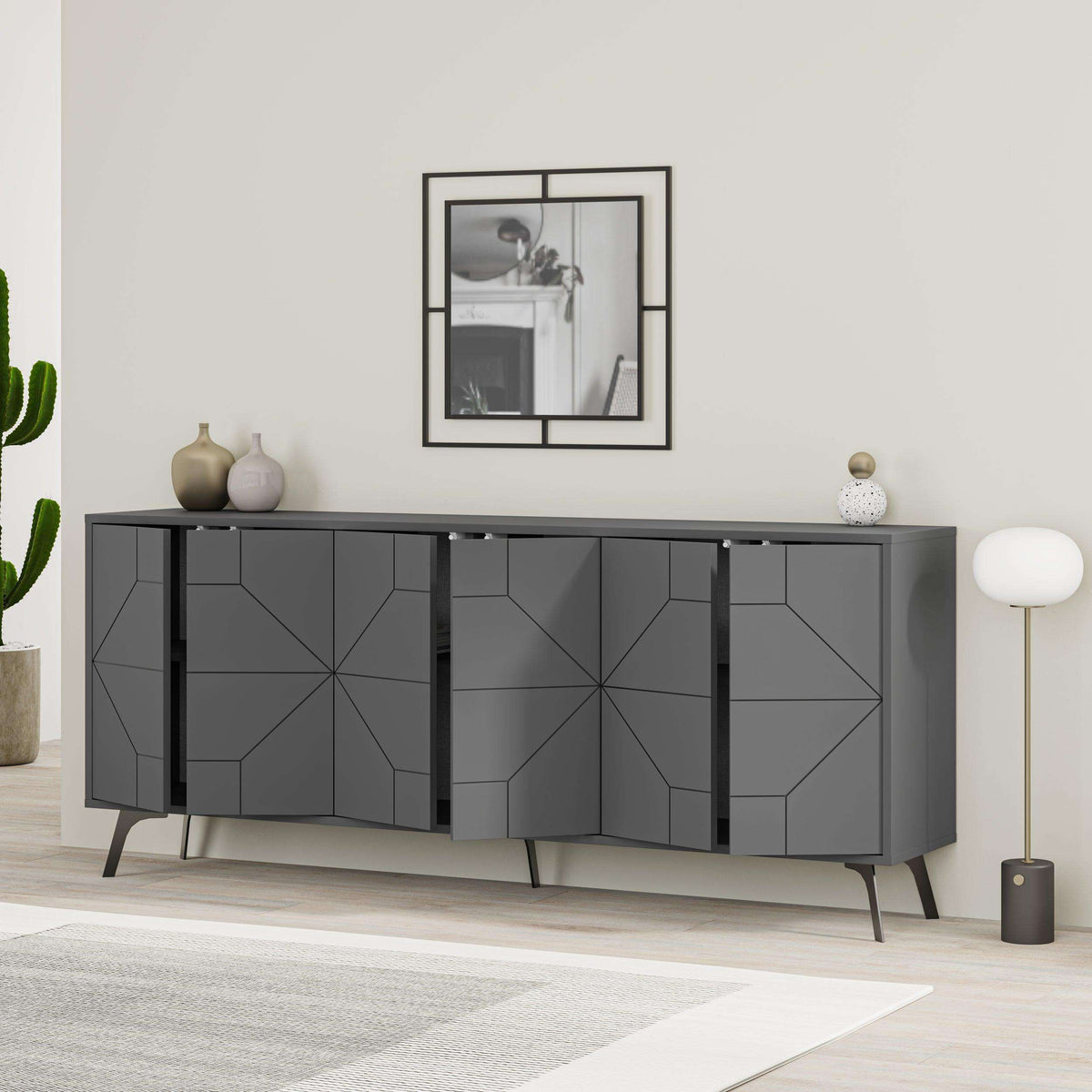 Anthracite console sideboard with geometric front and cabinet door panels