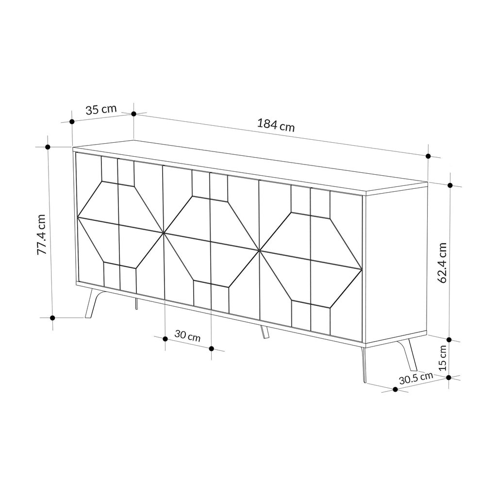 Console sideboard dimensions diagram, 183 cm length, geometric panel front