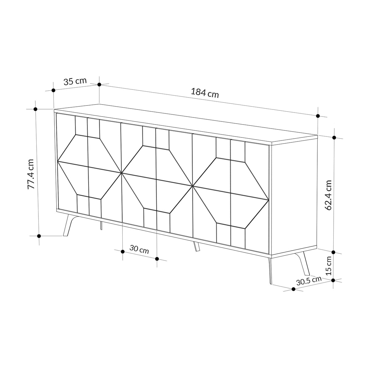 Console sideboard dimensions diagram, 183 cm length, geometric panel front