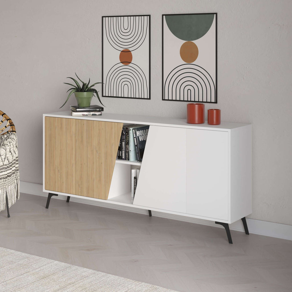 Console sideboard display unit with oak cabinet and white doors, open shelving