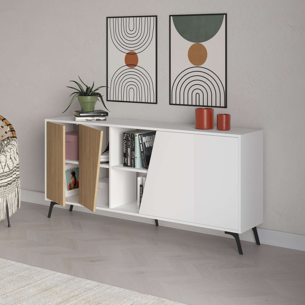 White console sideboard with angled open shelves and two cabinet doors