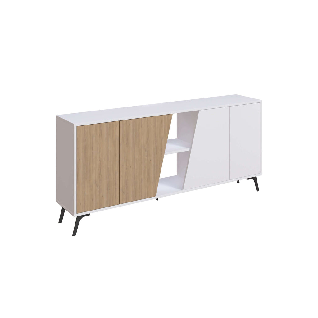 Console sideboard display unit in oak and white with open center shelving