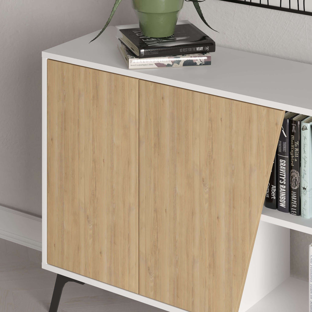 Oak console sideboard with two cabinet doors and angled open shelving compartment