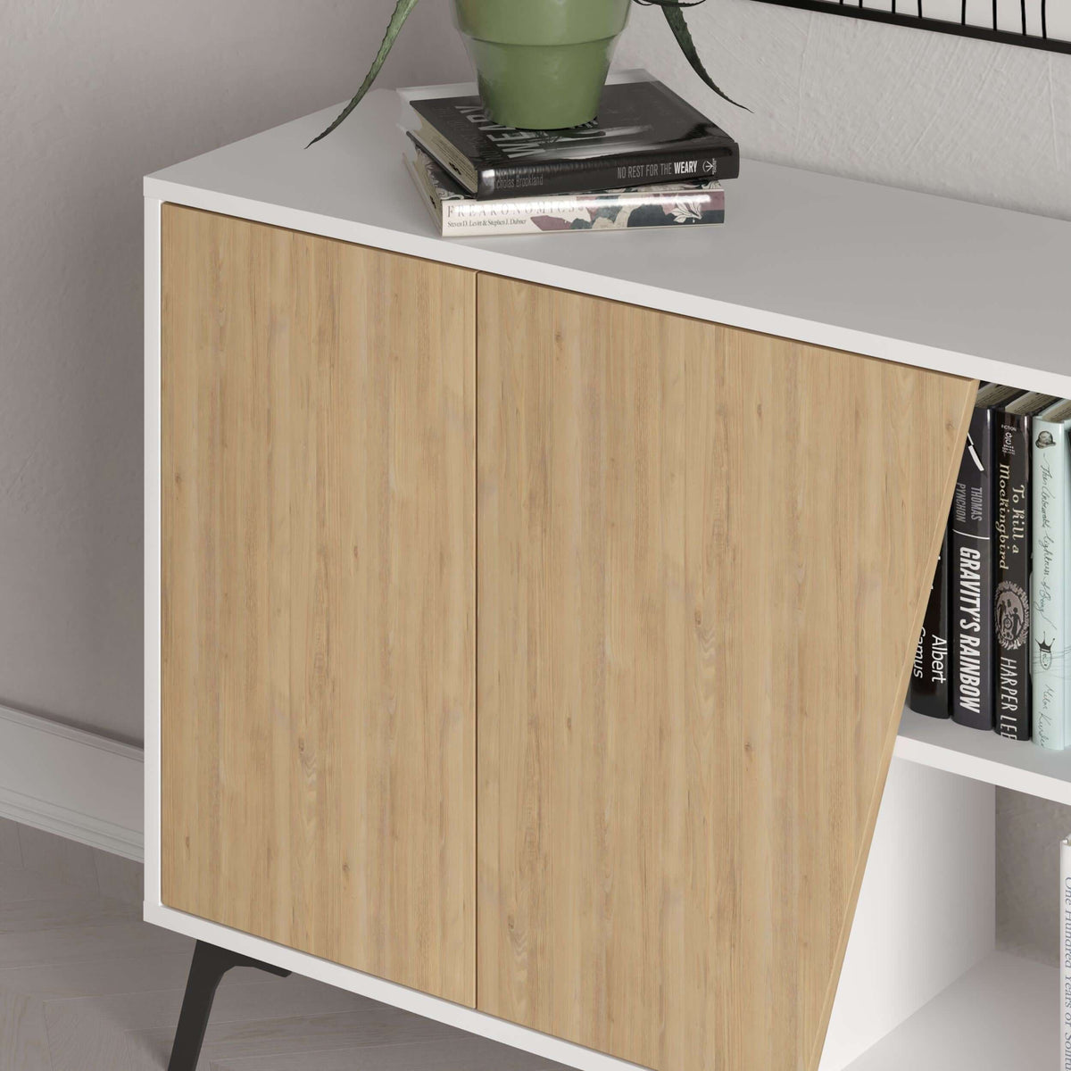 Oak console sideboard with two cabinet doors and angled open shelving compartment