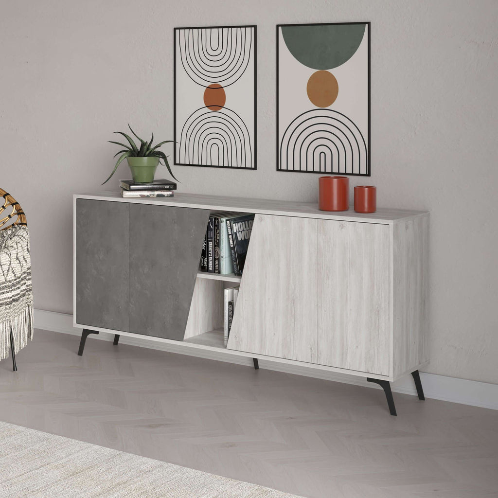 Console sideboard display unit with dark grey doors and light grey woodgrain panels