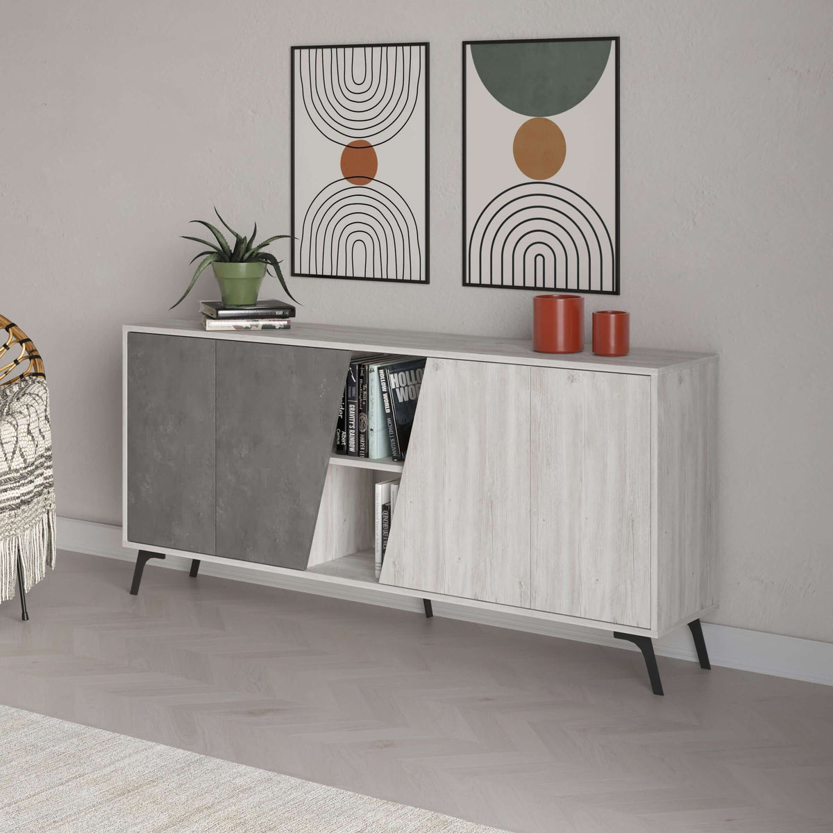 Console sideboard display unit with dark grey doors and light grey woodgrain panels