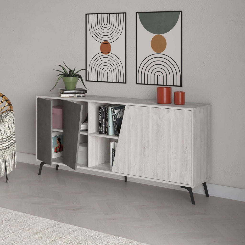 Light grey console sideboard with angled open shelf and two cabinet doors