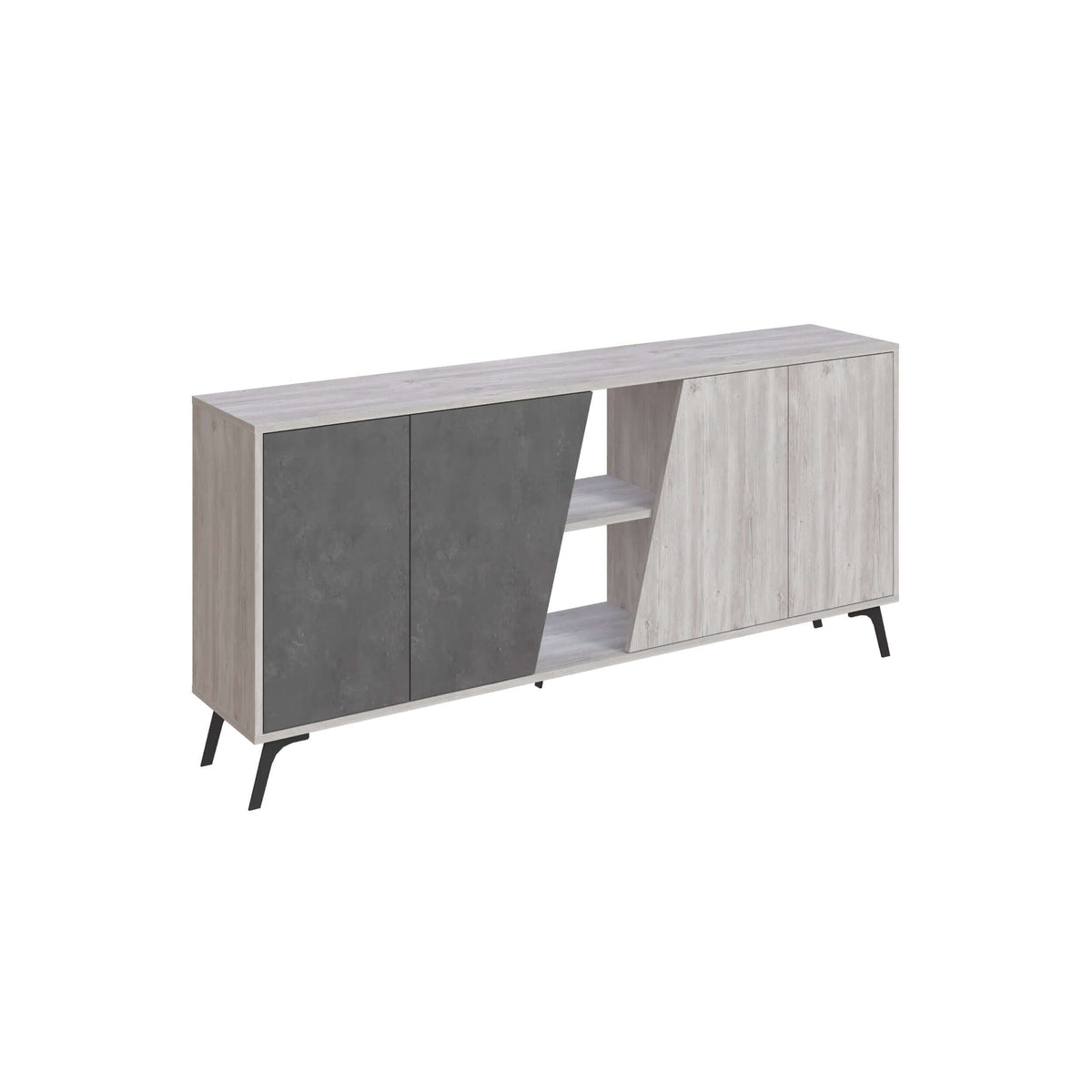 Two-tone console sideboard with dark left panel, light right panel, angled open section