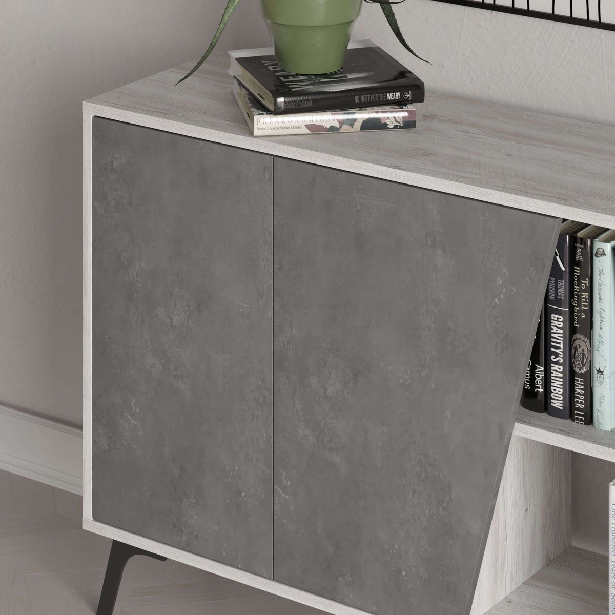 Console sideboard display unit showing dark grey doors and open book display