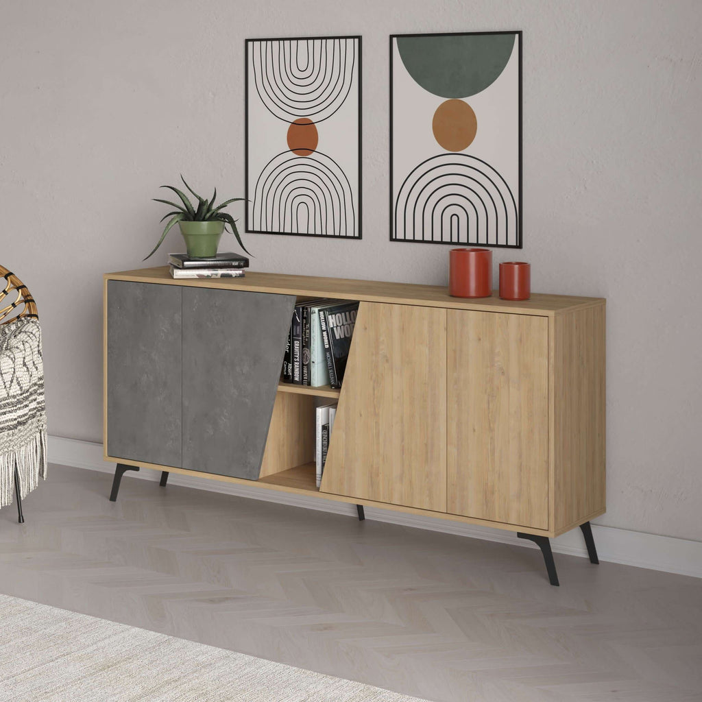 Console sideboard display unit with dark grey cabinet and oak door panels