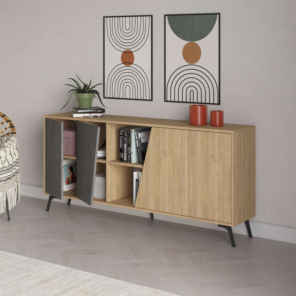 Oak console sideboard with angled open shelf, left compartments, and two cabinet doors