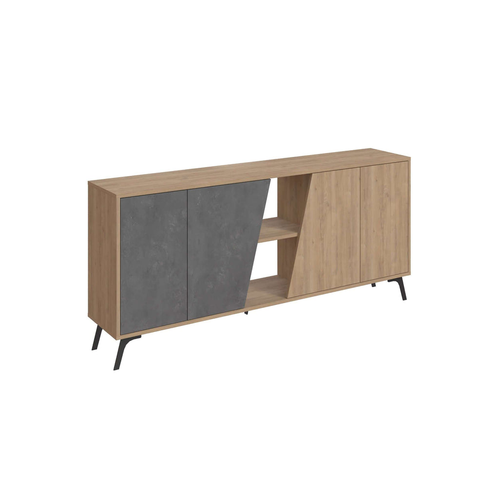 Console sideboard display unit with dark grey and oak finishes, open center