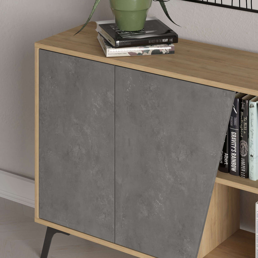 Console sideboard display unit close-up with dark grey doors and oak frame