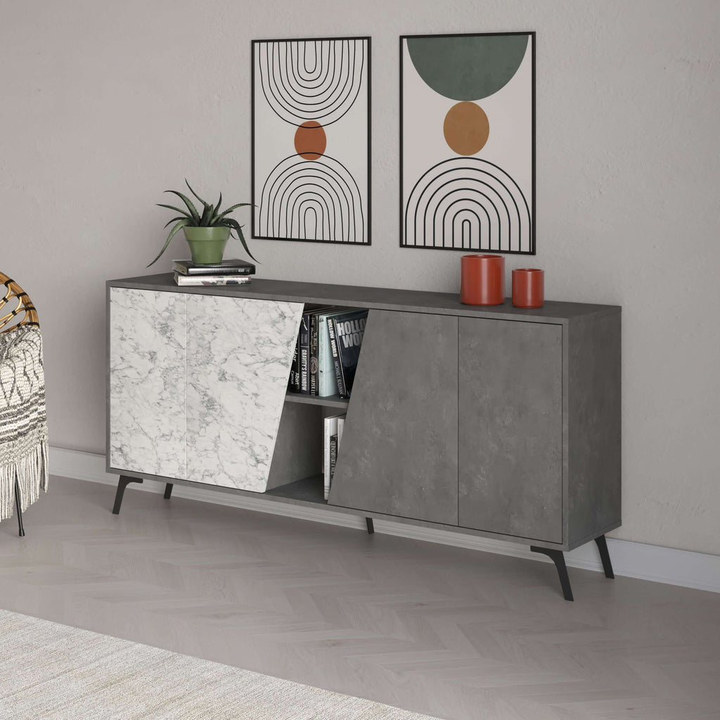 Marble-effect and grey console sideboard with open center shelf and two cabinet doors