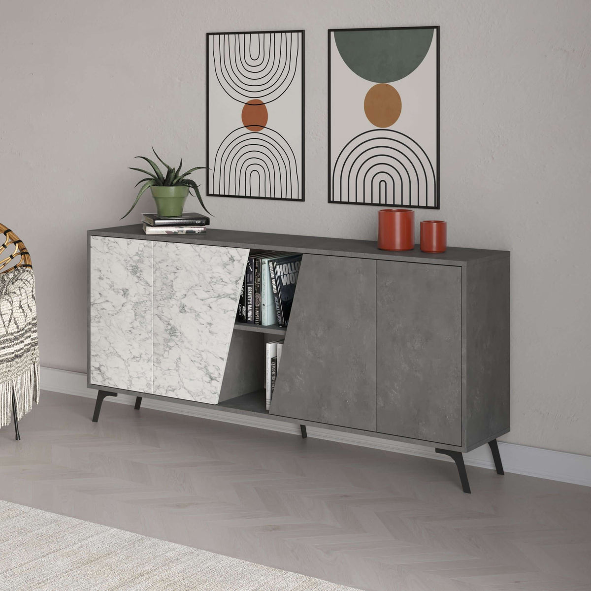 Marble-effect and grey console sideboard with open center shelf and two cabinet doors