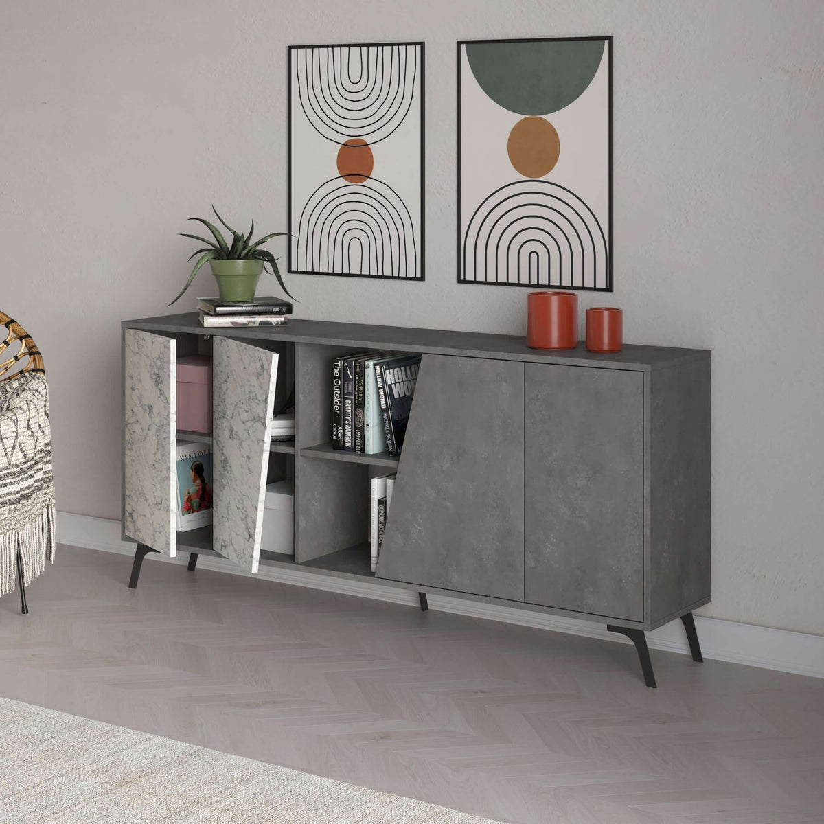 Grey console sideboard with marble-effect panel, angled open shelf, and two doors