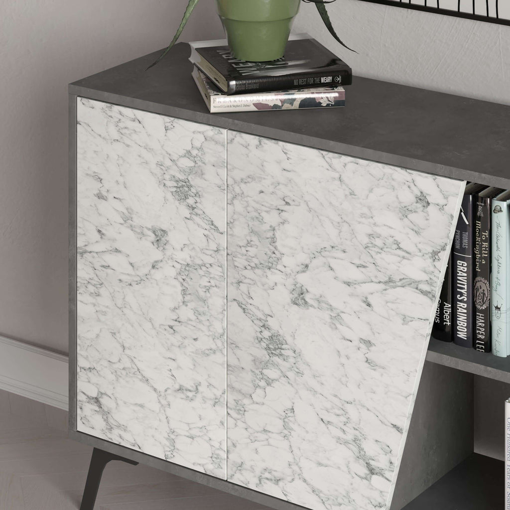 Dark grey console sideboard with white marble-look doors and open shelves