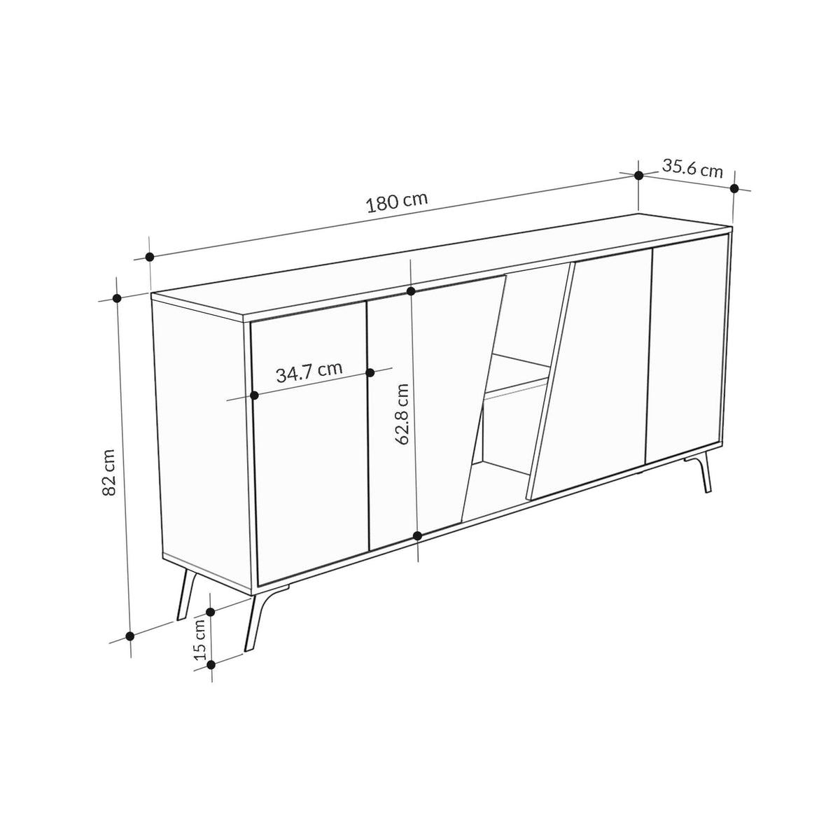 Console sideboard size diagram showing 180 cm length and 82 cm height