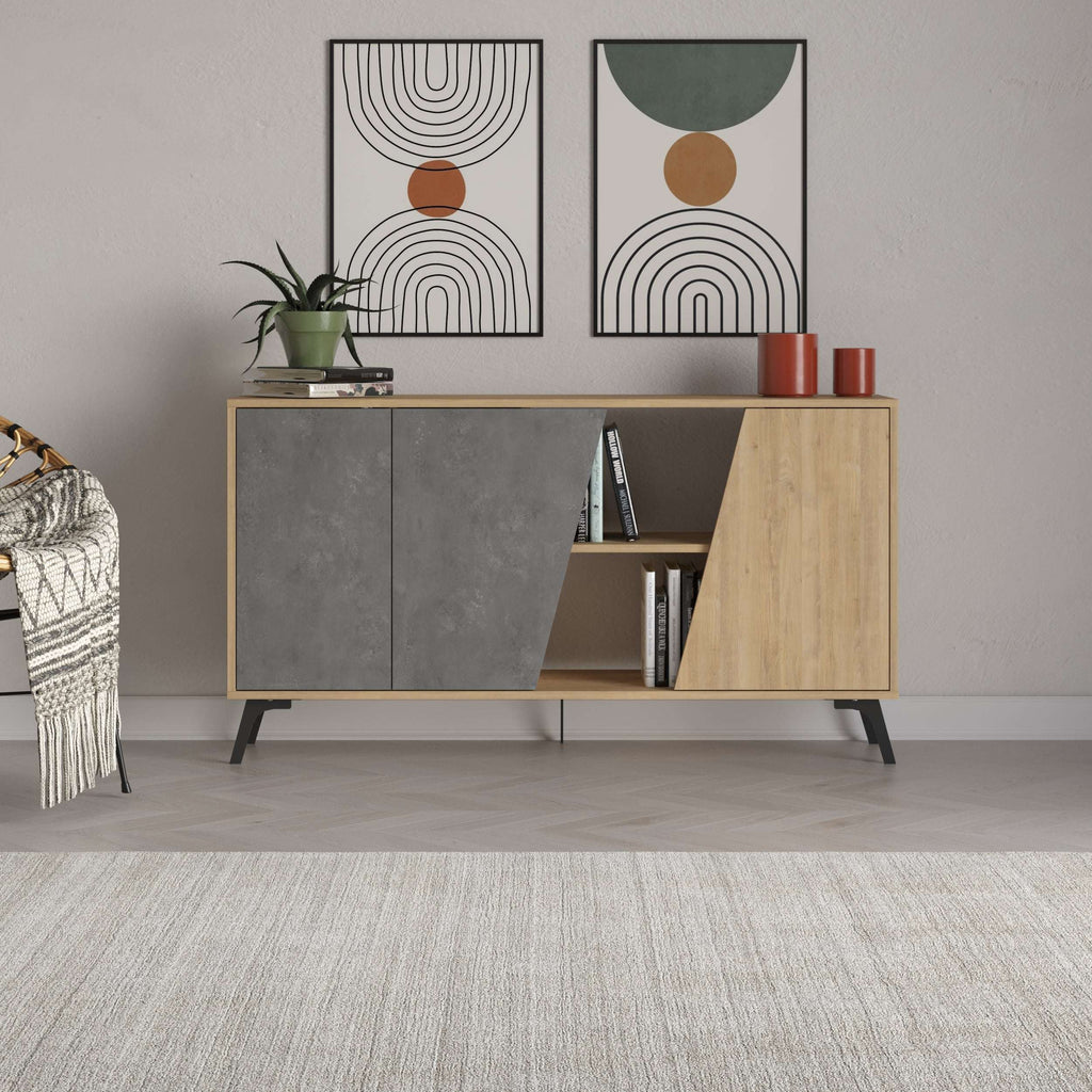 Two-tone sideboard console with grey doors, open shelf, oak frame and angled legs