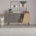 Two-tone sideboard console with grey doors, open shelf, oak frame and angled legs
