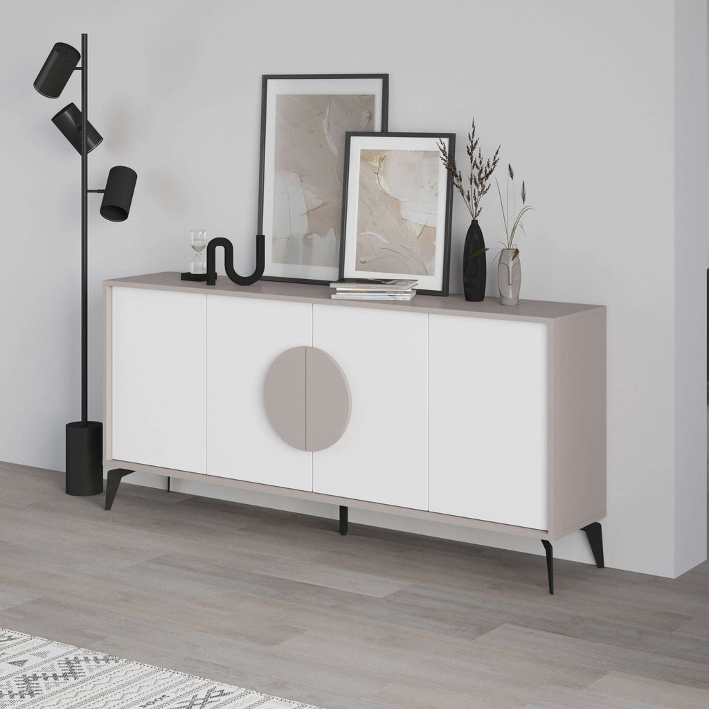 White console sideboard with large taupe round handle and dark tapered legs