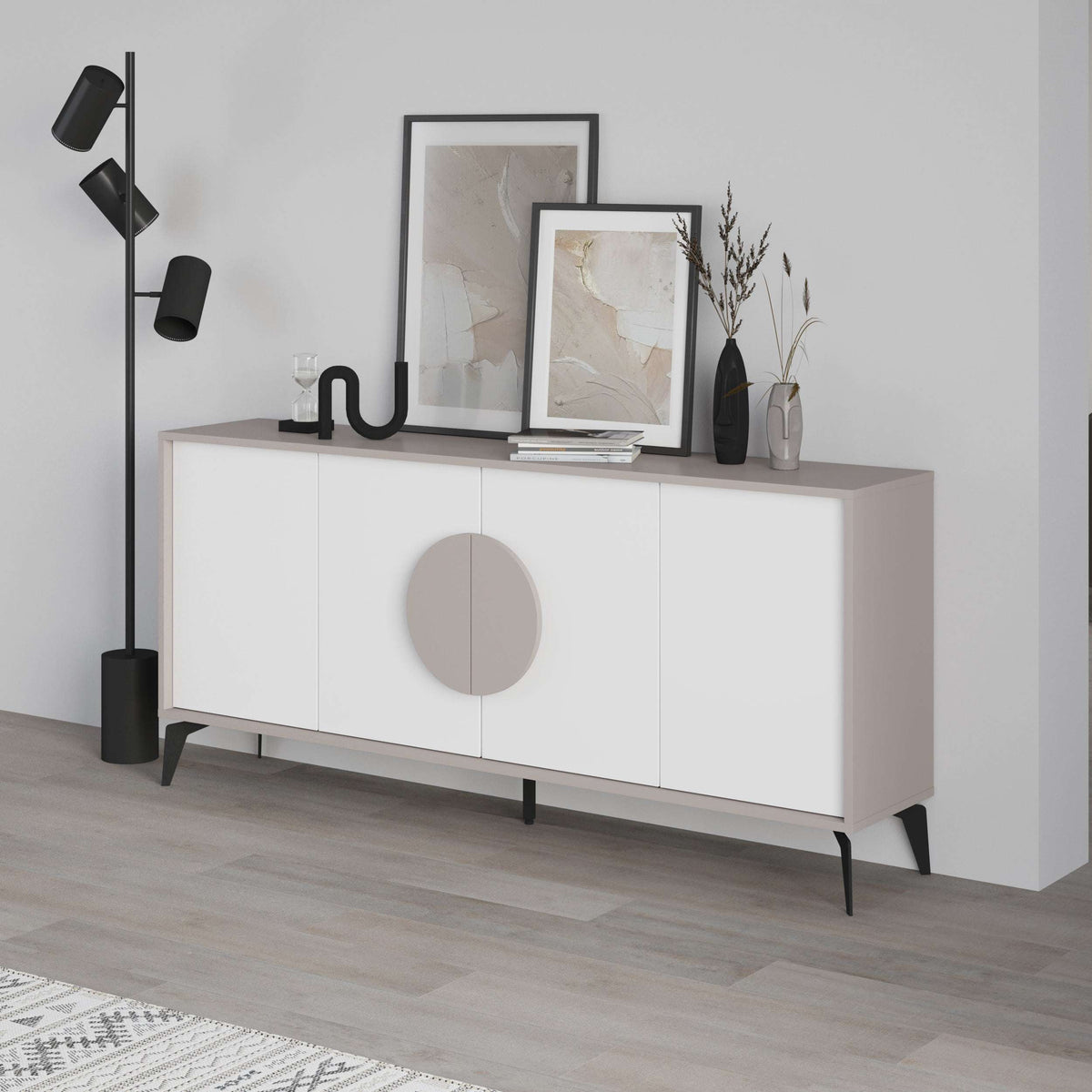 White console sideboard with large taupe round handle and dark tapered legs