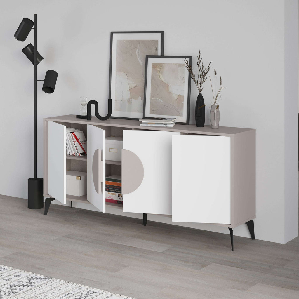 White console sideboard display unit with open shelves, hinged doors, and slim black legs