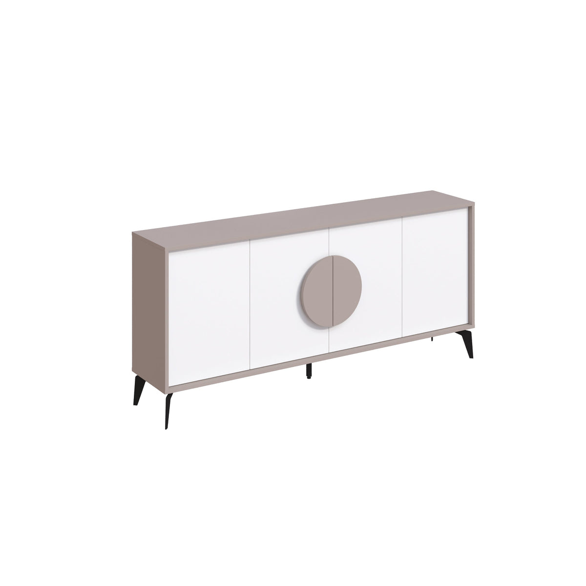White console sideboard with taupe round handle and dark tapered legs